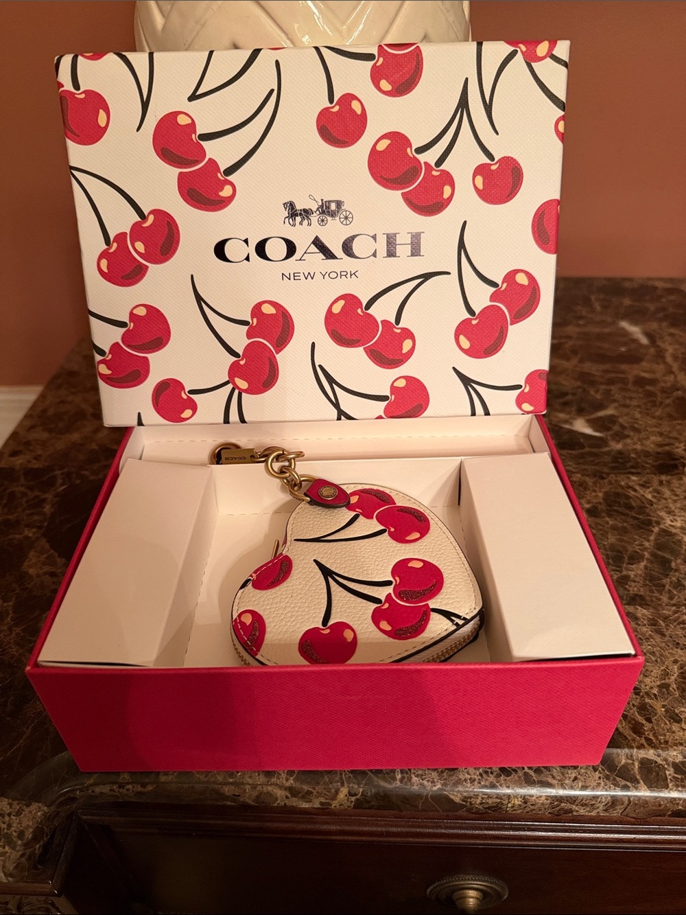 Coach Heart NIB Cherry Coin Purse in White and Red With Cherries Brass/Chalk